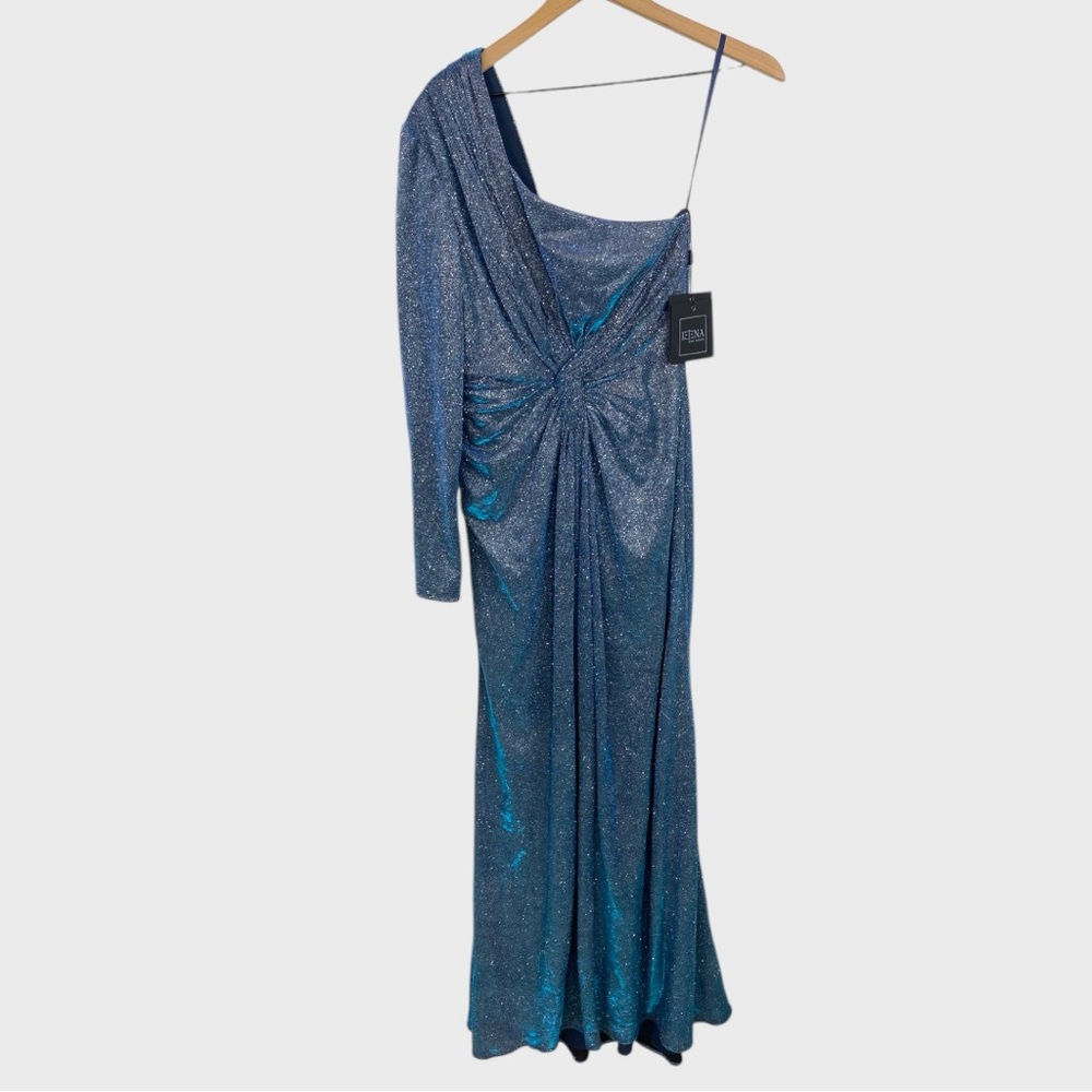 Ieena for Mac Duggal NWT Iridescent Blue One Sleeve Twist Front Shimmer Size 2